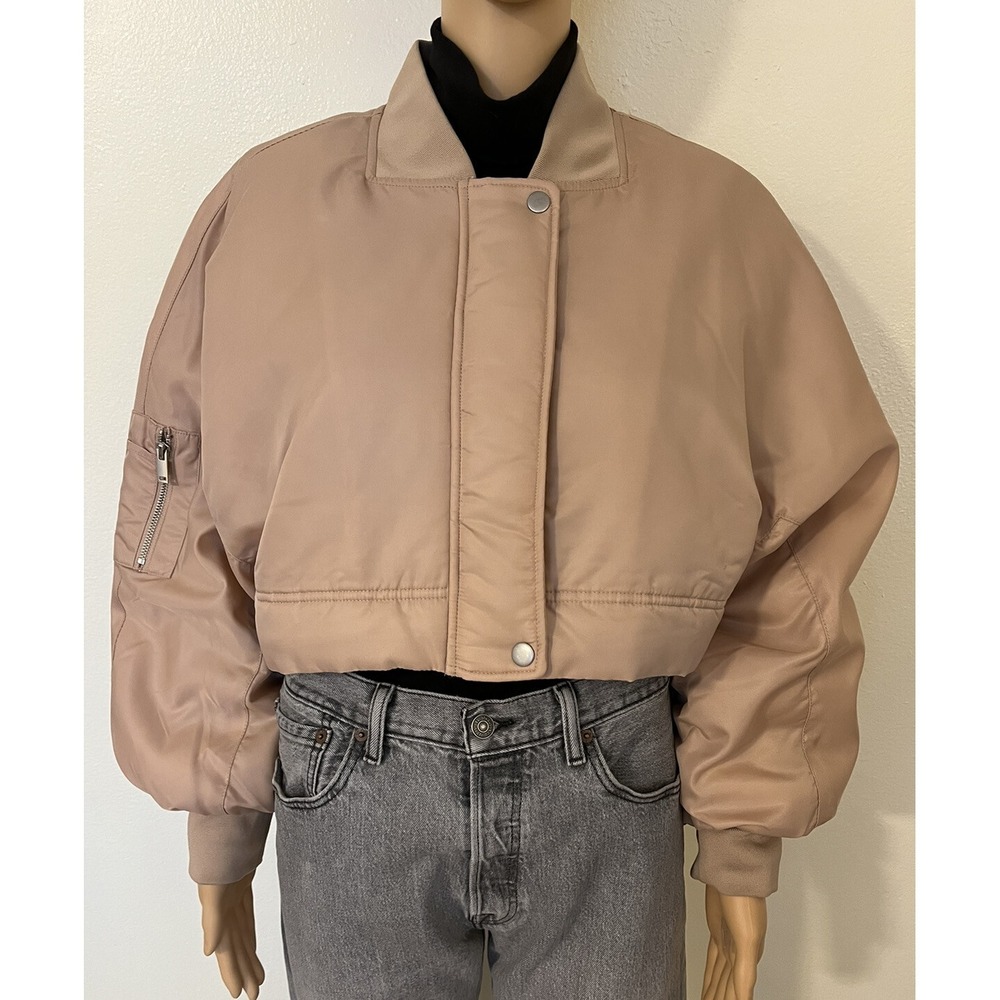 Forever 21 Beige Nude Cropped Utility Bomber Jacket Zip Pocket Womens Size M